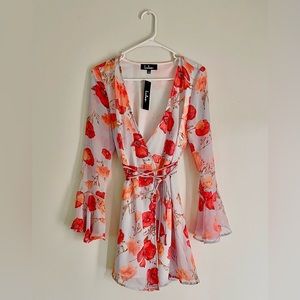 *NWT* Lulus blue and red/orange Floral Long sleeve wrap summer mini dress size S